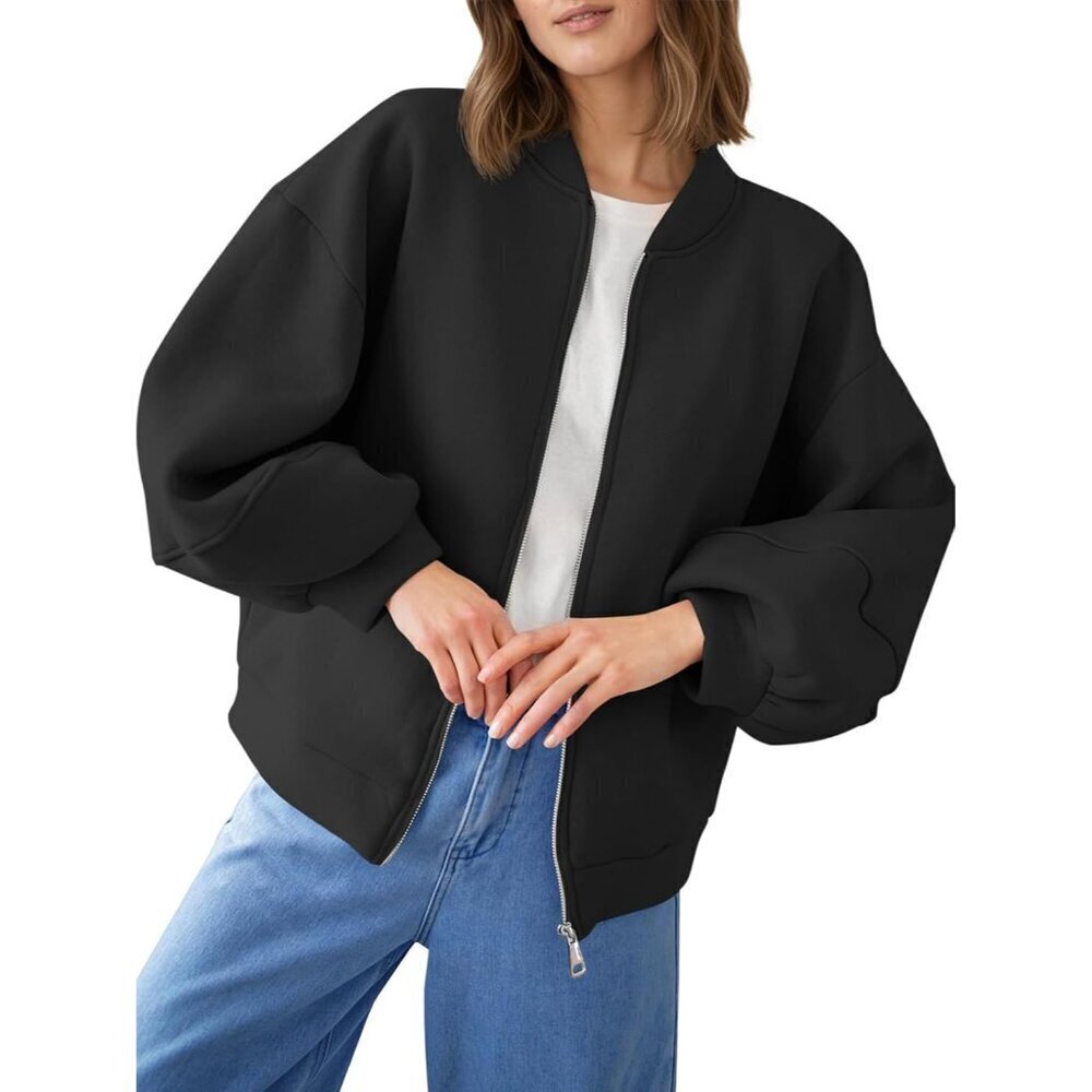 Womens Zip Up Sweatshirt Casual Bomber Jacket Lantern Sleeve Oversized Jacket Fa